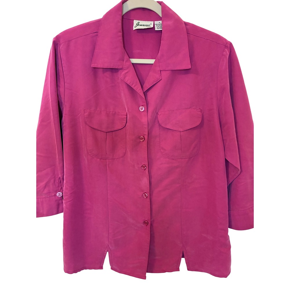 Vintage Joanna Magenta Pink Button Down Blouse 80s Shoulder Pads Medium